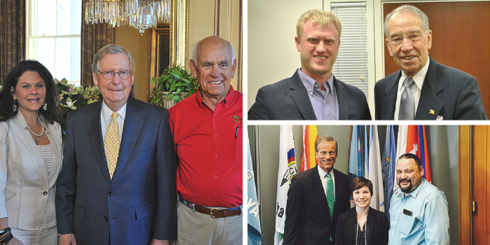 Left: Senator McConnell (KY) with Bill Jackson of Jackson's Orchard and Tina Garland, NFSN State Lead and Kentucky Dept of Agriculture; Top Right: Jason Grimm, founder of Iowa Valley Food Co-op and family farmer, pictured with Senator Grassley (IA); Lower Right: Senator Thune (SD) with Jim Stone, Executive Director of the Inter Tribal Buffalo Council and NSAC Senior Policy Specialist Juli Obudzinski. (Photo credit: NSAC)