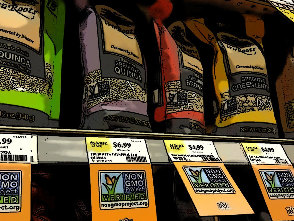 Non-GMO Project labels in the grocery store. Image credit: Environmental Illness Network.