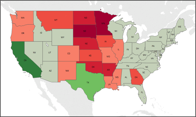 Map of Conservation Funding Net Change by State Under H.R. 2 (top 20-most affected states)