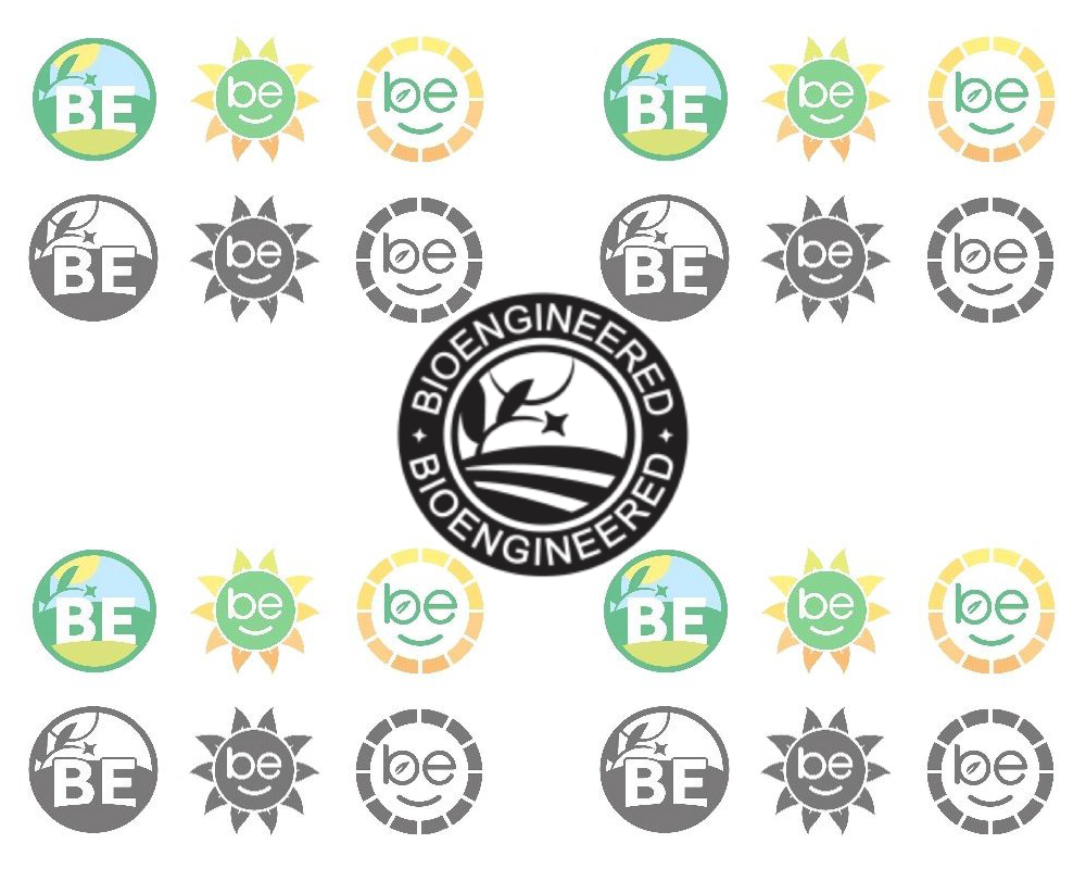 Final label design for bioengineered (aka, genetically modified organisms or GMO) food products (center) with preliminary designs (background). Graphic credit: NSAC.