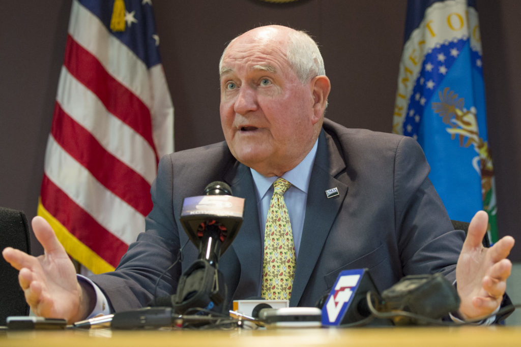Agriculture Secretary Sonny Perdue answers media questions during his first official trip as secretary to the U.S. Department of Agriculture (USDA) Beacon Facility in  Kansas City, Mo., April 27, 2017. USDA photo by Preston Keres